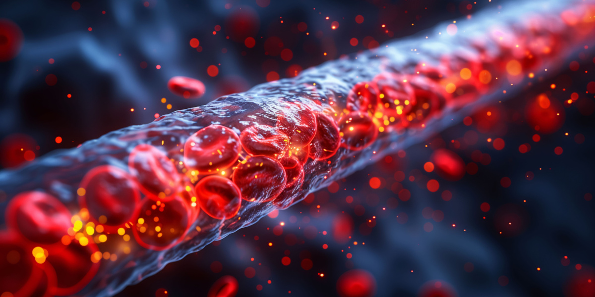 A close-up view of a blood vessel with red blood cells flowing through it, surrounded by a dark background. The image highlights the movement and detail of the cells.